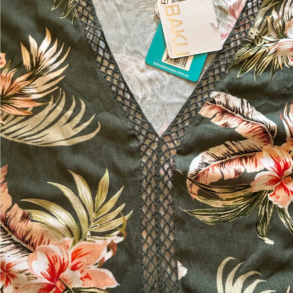 BAKU Swim Coverup OS Short Sleeve Deep V-Neck Semi-Sheer Coral Botanical Floral - Picture 11 of 14